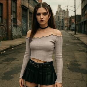 New Gray Ribbed Long Sleeve Asymmetrical Cold Shoulder Top Seamed Lettuce‎ Y2k